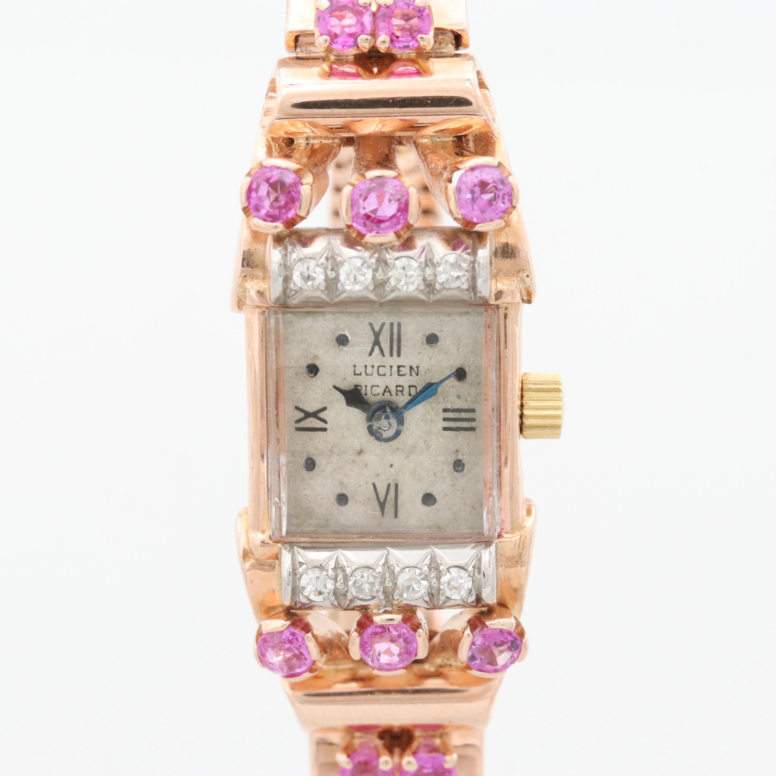 Vintage Lucien Piccard 14K Gold, Diamond and Pink Sapphire Stem Wind Watch