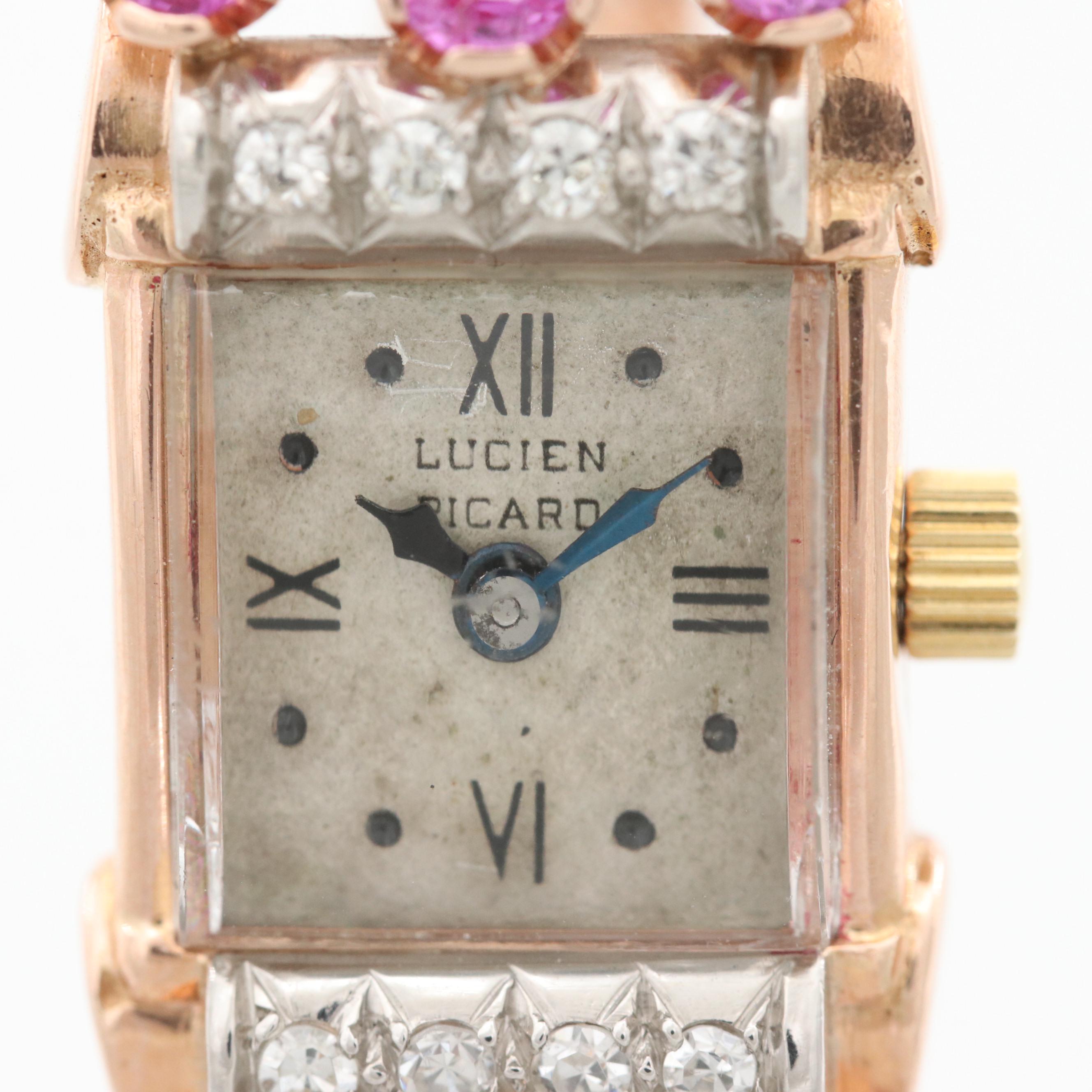 Vintage Lucien Piccard 14K Gold, Diamond and Pink Sapphire Stem Wind Watch