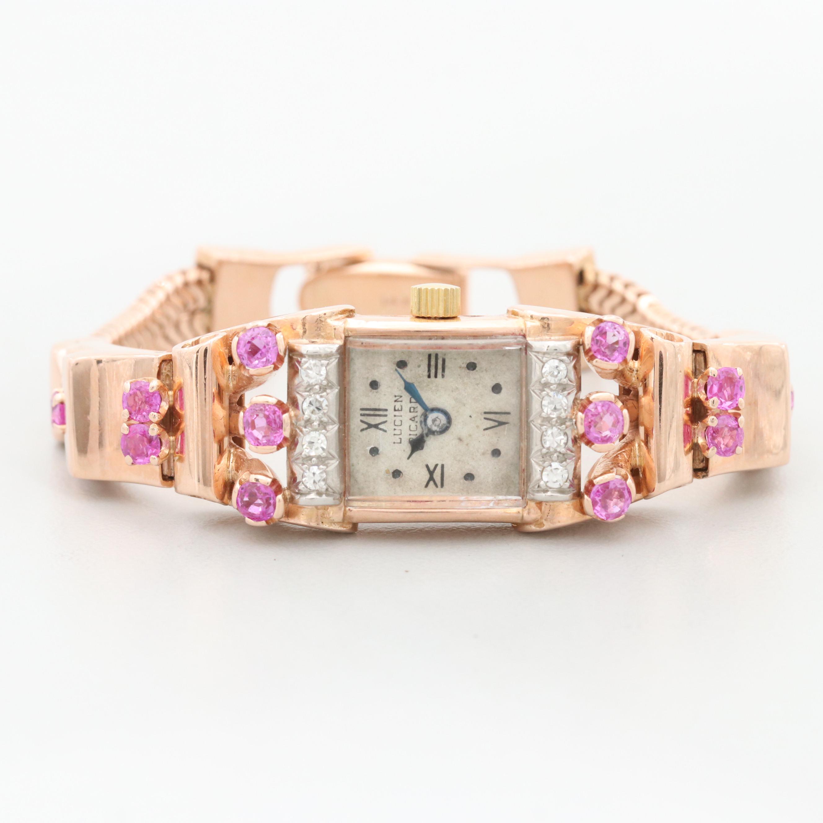 Vintage Lucien Piccard 14K Gold, Diamond and Pink Sapphire Stem Wind Watch