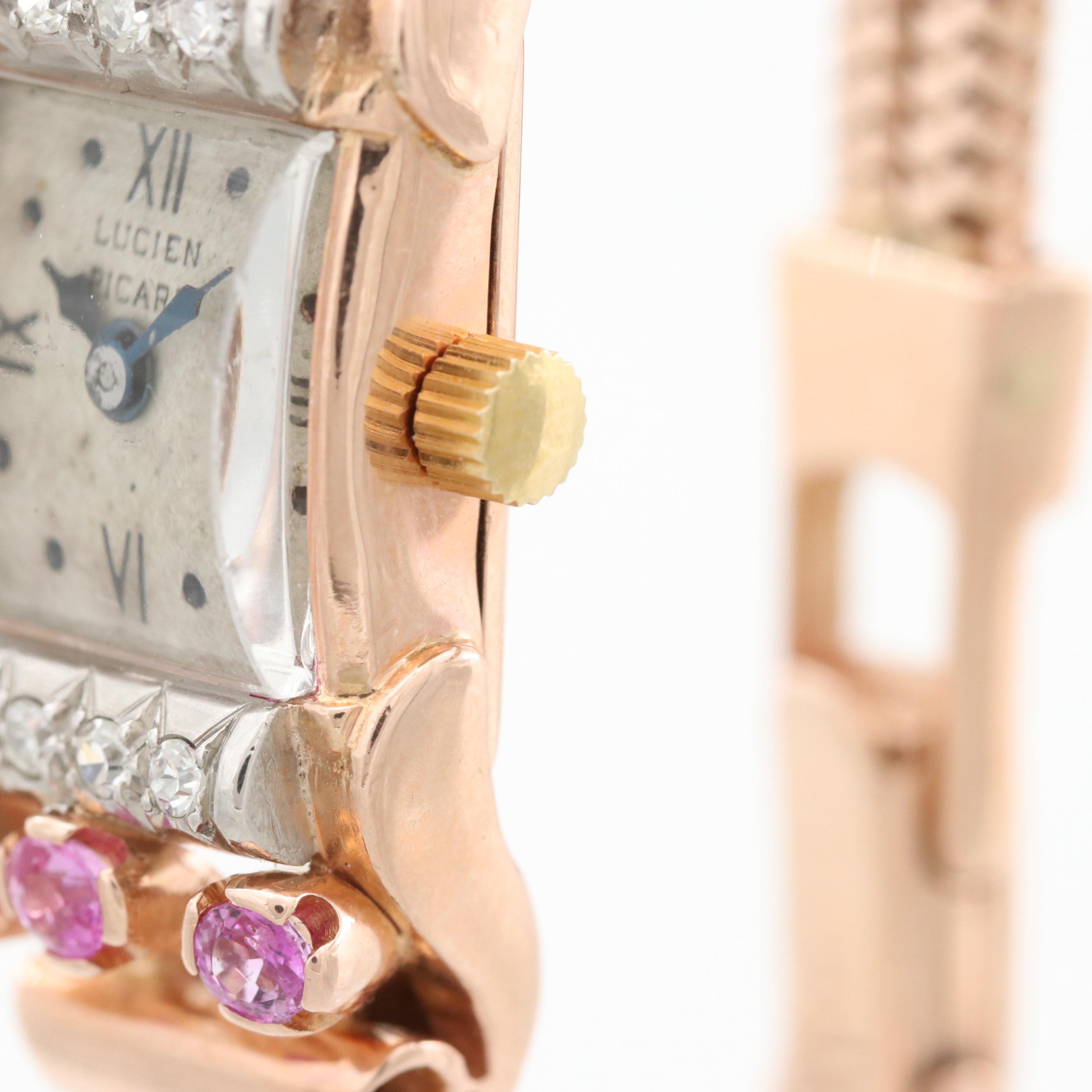 Vintage Lucien Piccard 14K Gold, Diamond and Pink Sapphire Stem Wind Watch