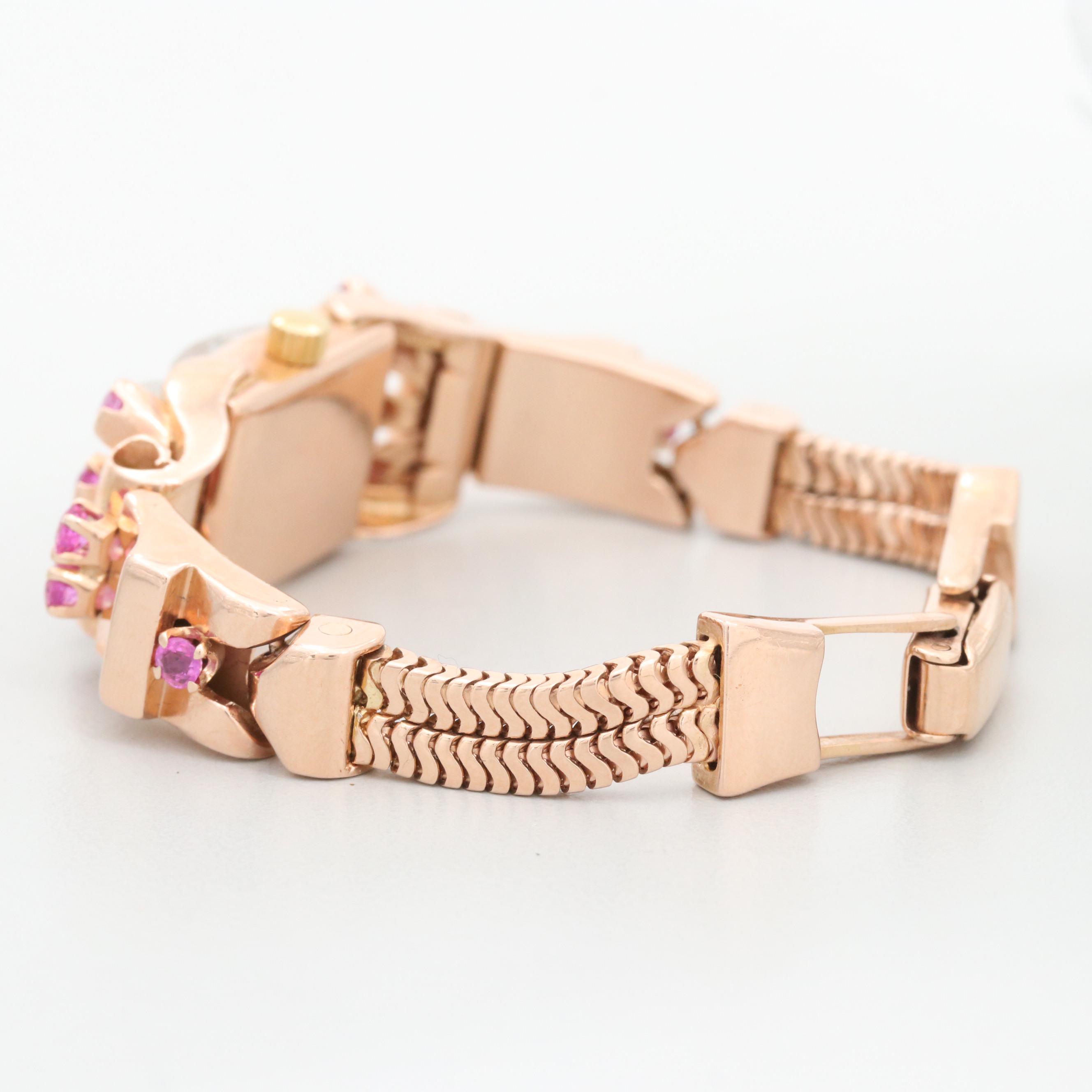 Vintage Lucien Piccard 14K Gold, Diamond and Pink Sapphire Stem Wind Watch