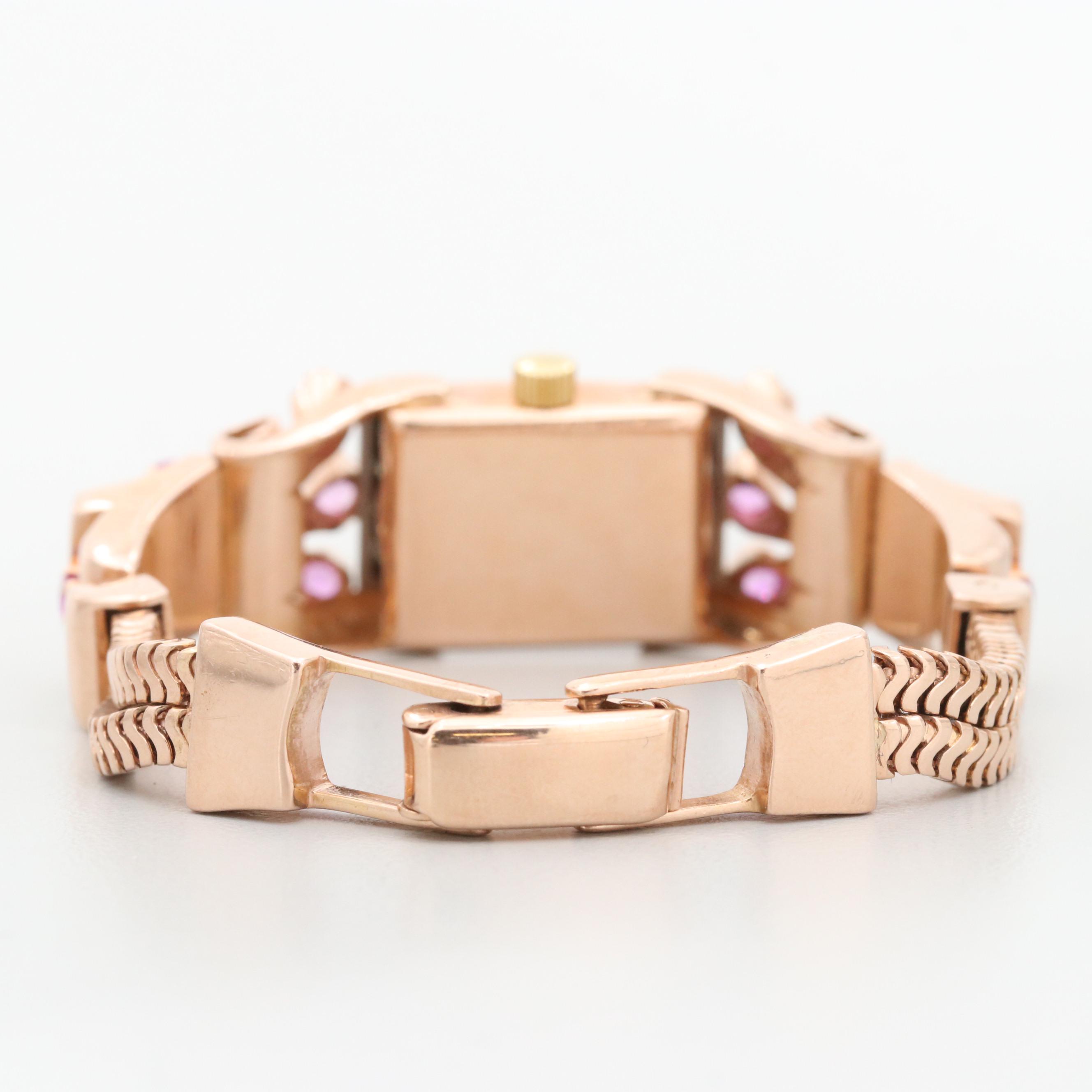 Vintage Lucien Piccard 14K Gold, Diamond and Pink Sapphire Stem Wind Watch