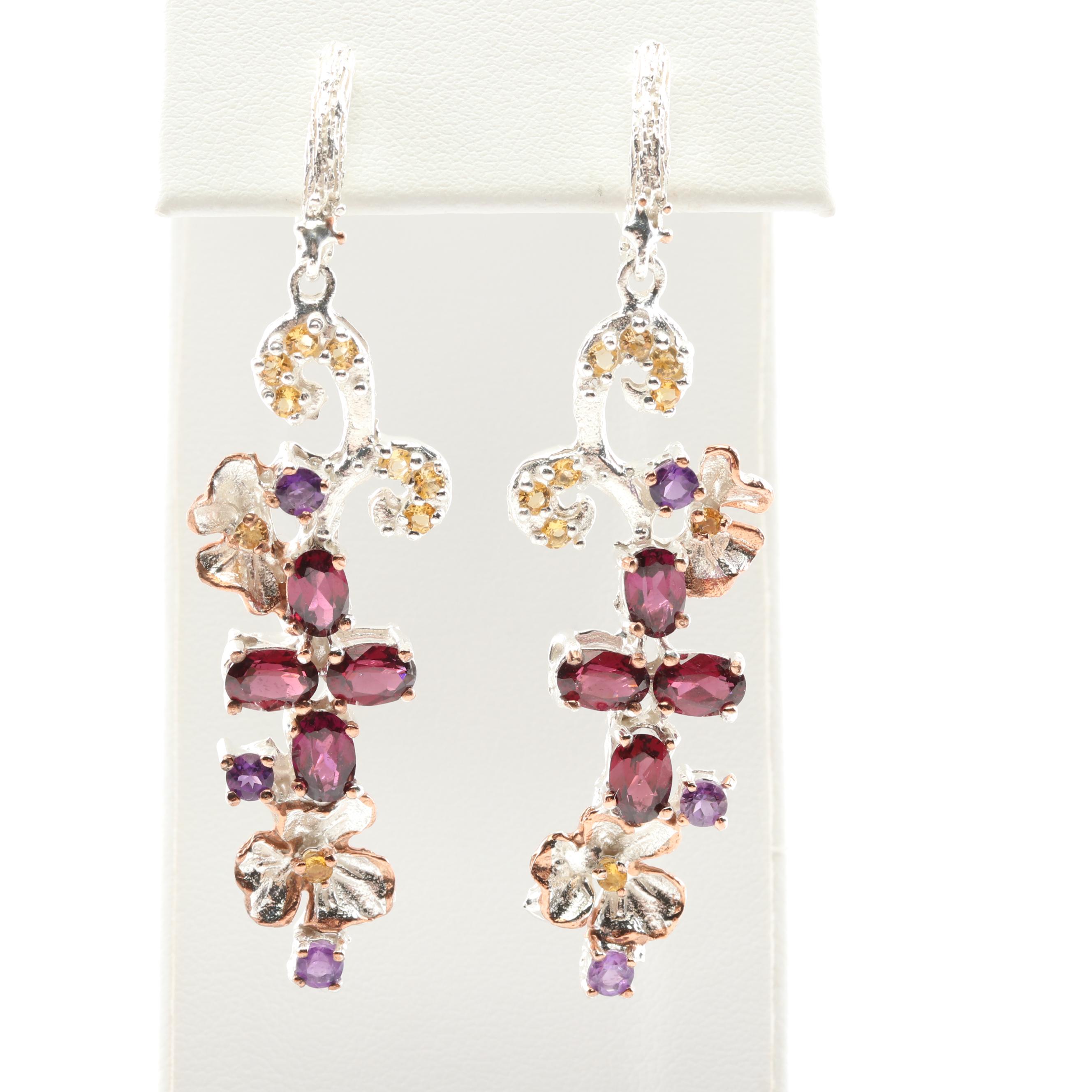 Sterling Silver 4.72 CTW Garnet, Amethyst, and Citrine Dangle Earrings