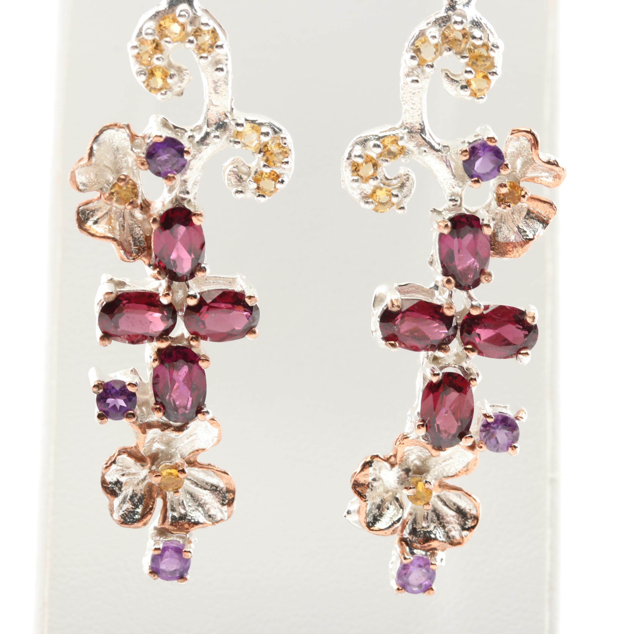 Sterling Silver 4.72 CTW Garnet, Amethyst, and Citrine Dangle Earrings
