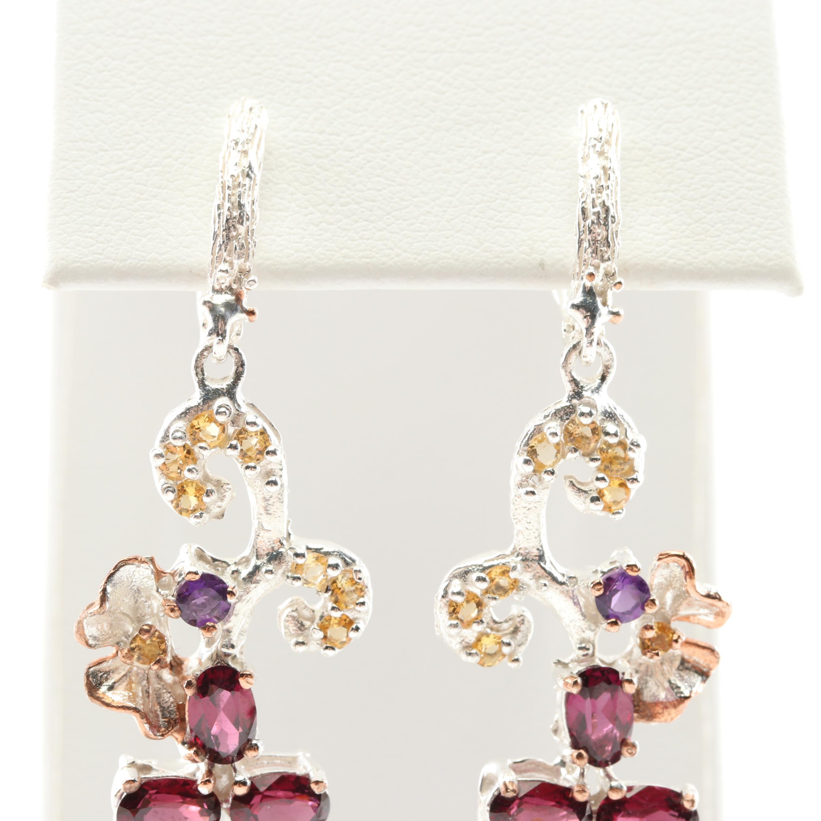 Sterling Silver 4.72 CTW Garnet, Amethyst, and Citrine Dangle Earrings