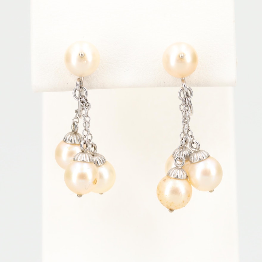 Vintage 14K White Gold Cultured Pearl Dangle Earrings