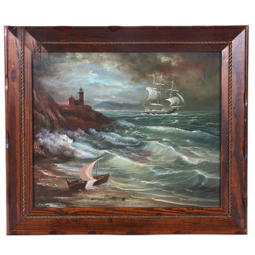 Towoella Seascape Oil Painting with Light House and Clipper Ship