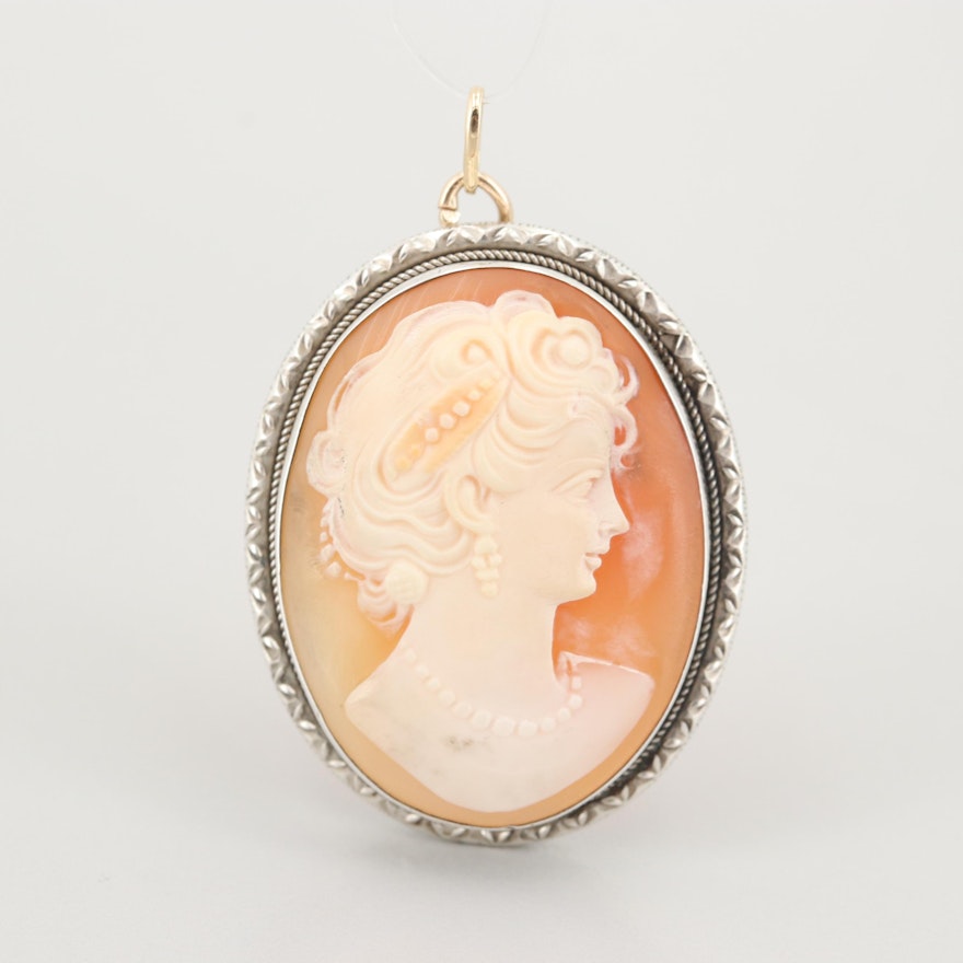 800 Silver Helmet Shell Carved Cameo Converter Brooch