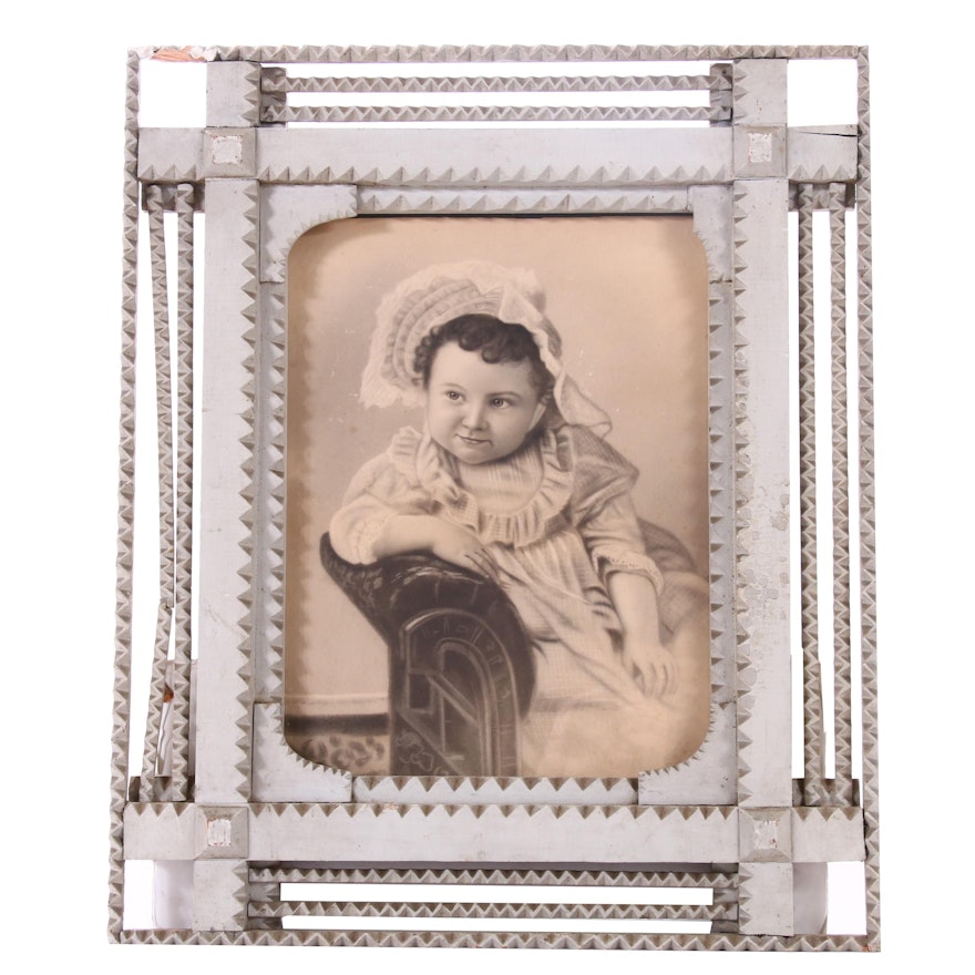 Early 20th Century Tramp Art Frame with Crayon Portrait