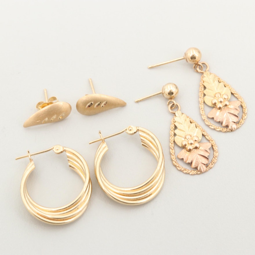 14K and 10K Yellow Gold Earring Assortment Including Rose and Green Gold Accents