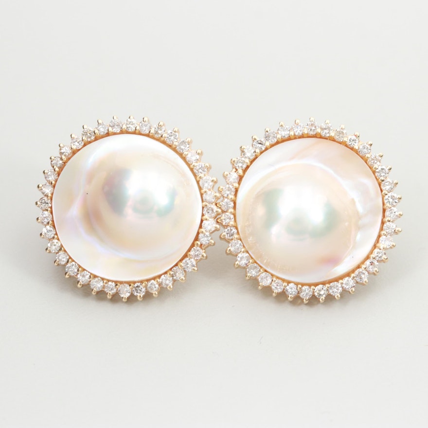 14K Yellow Gold Cultured Pearl and Diamond Button Earrings