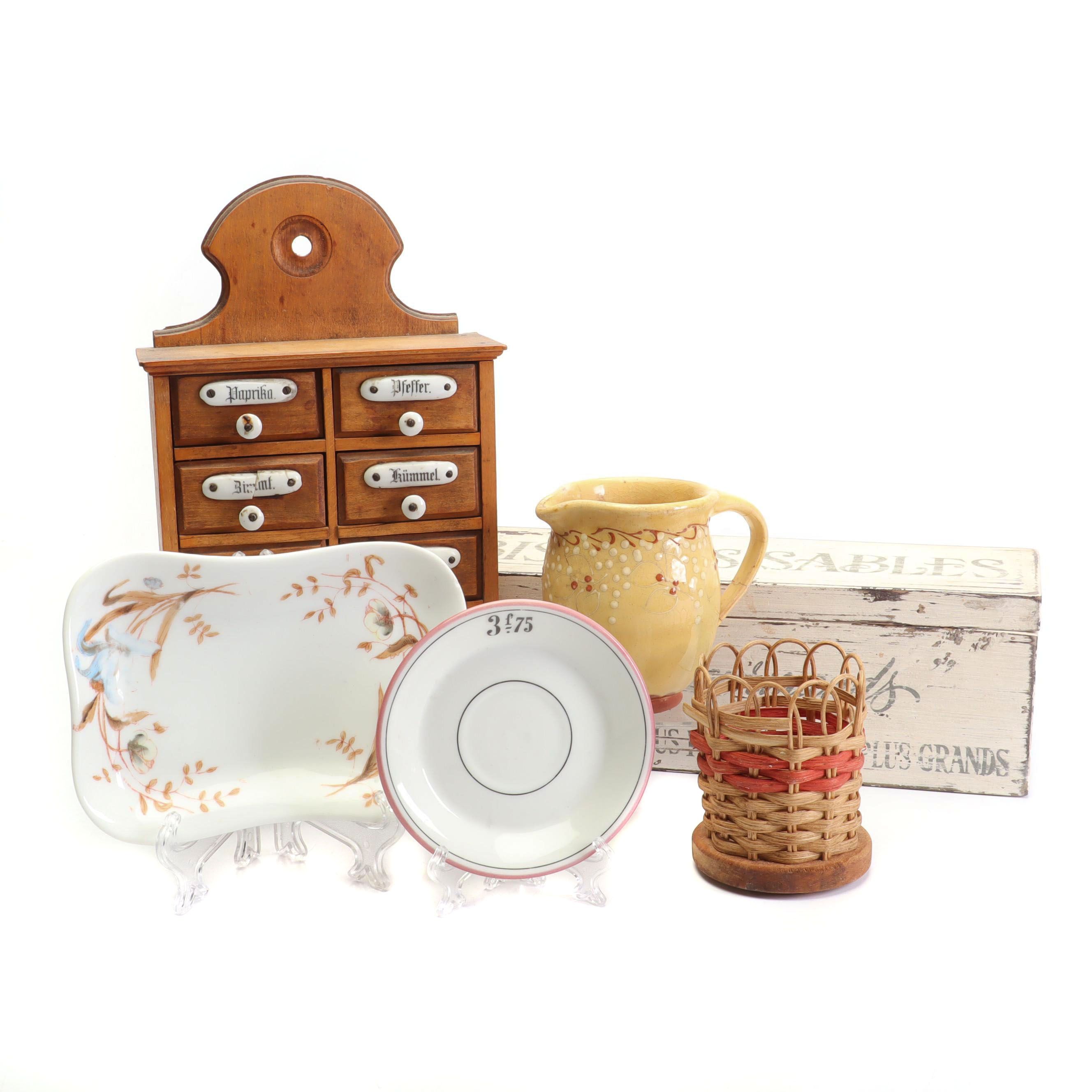 Antique German Spice Cabinet with Porcelain Handles and French Kitchen Decor