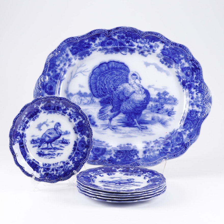 Ridgways "Turkey" Flow Blue Platter and Plates, 1891-1920