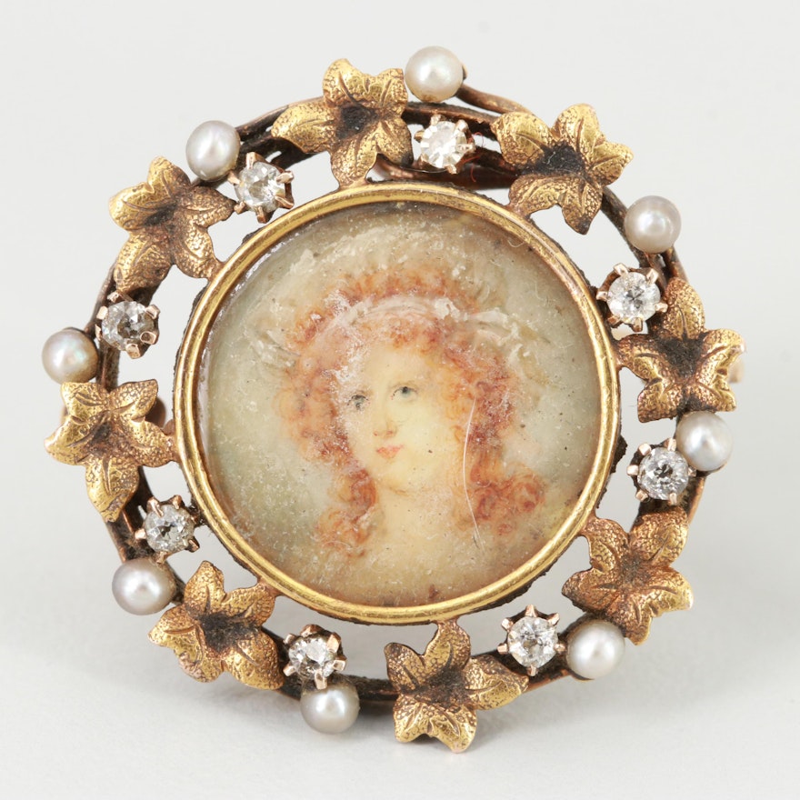 Victorian 14K Yellow Gold Diamond and Cultured Pearl Portrait Miniature Brooch