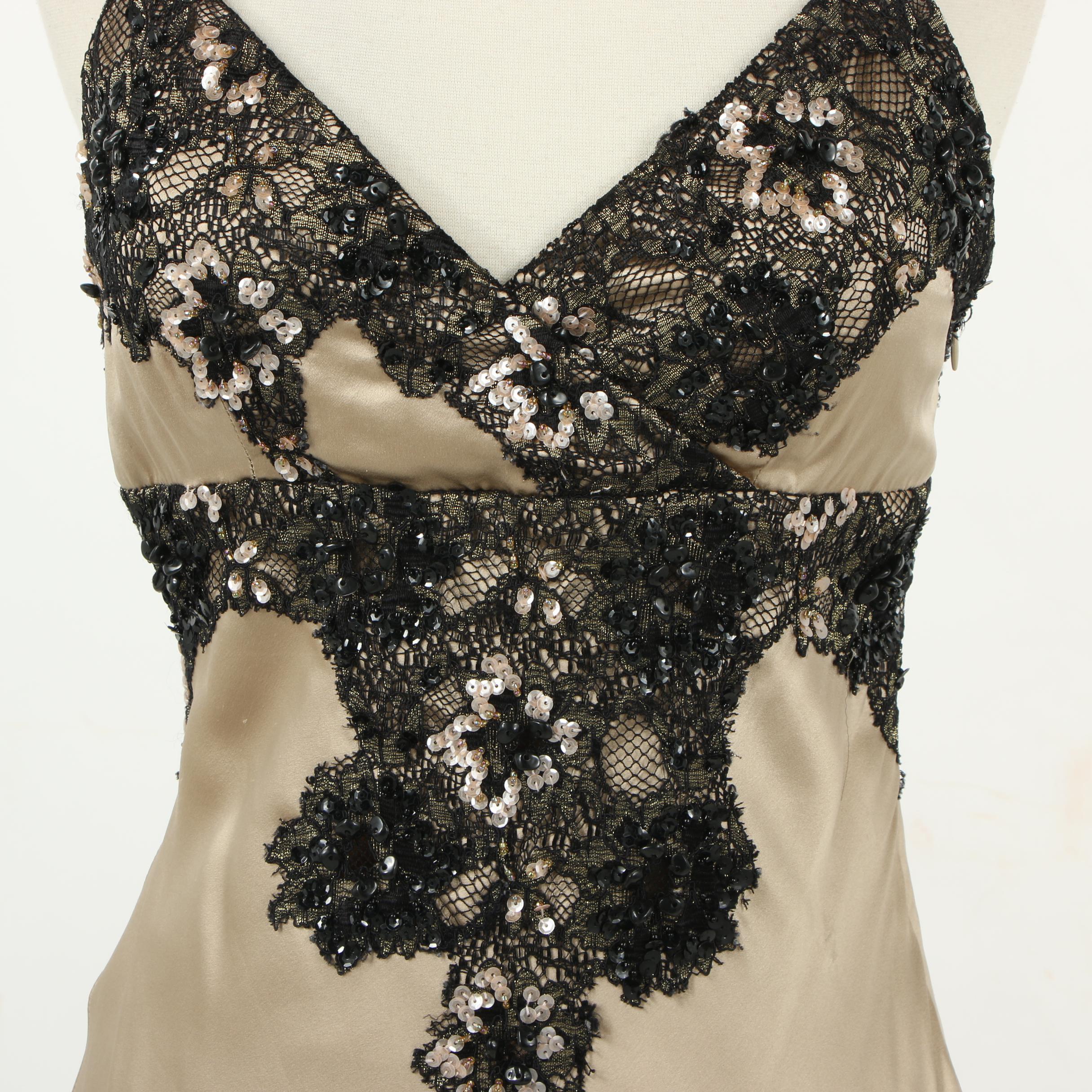 Sue Wong Nocturne Embellished Lace and Silk Sleeveless Evening Gown with Slit