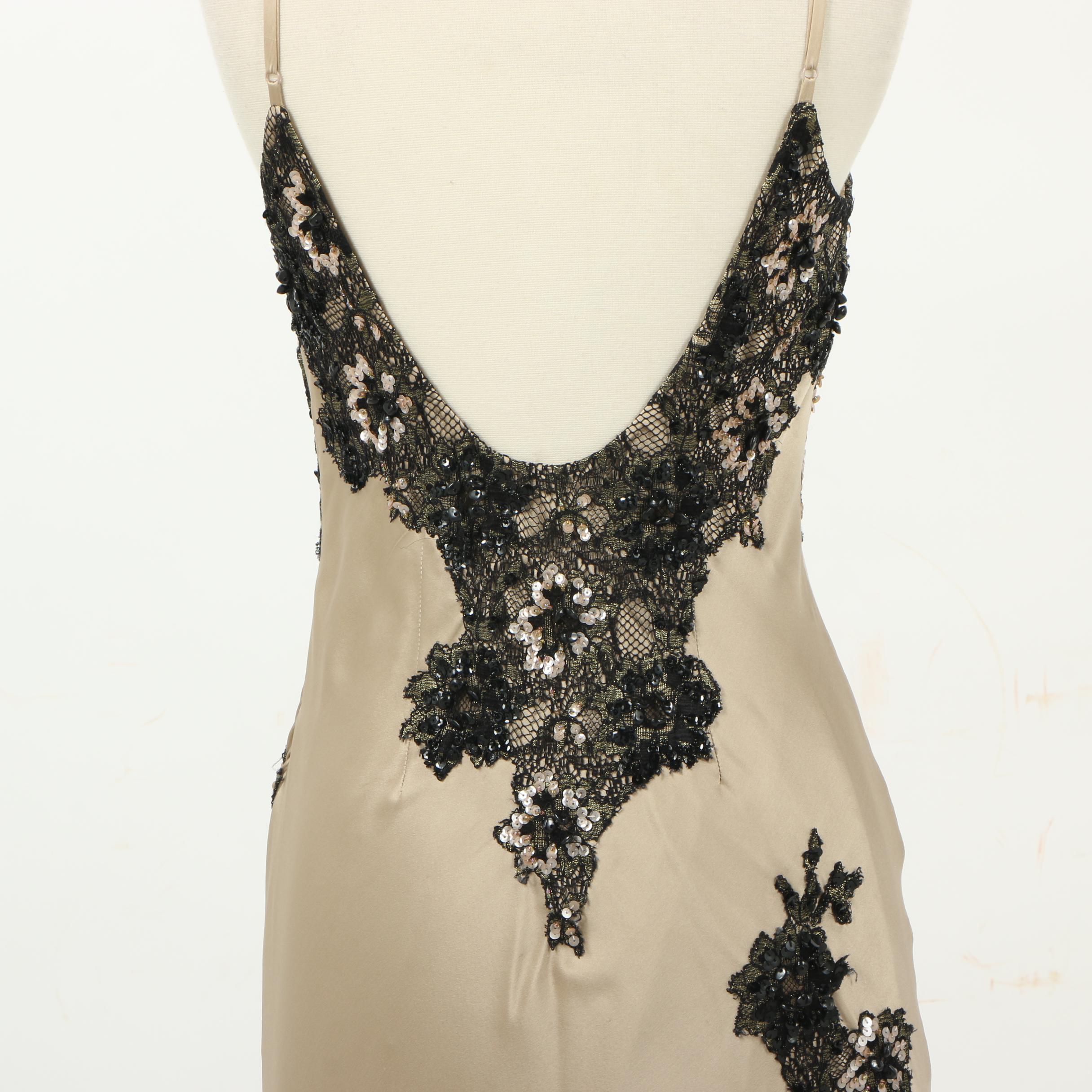 Sue Wong Nocturne Embellished Lace and Silk Sleeveless Evening Gown with Slit