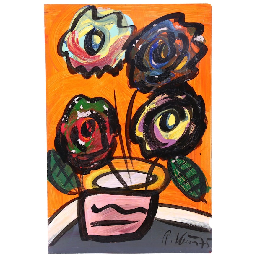 Peter Keil Abstract Still Life Oil Painting of Flowering Plant