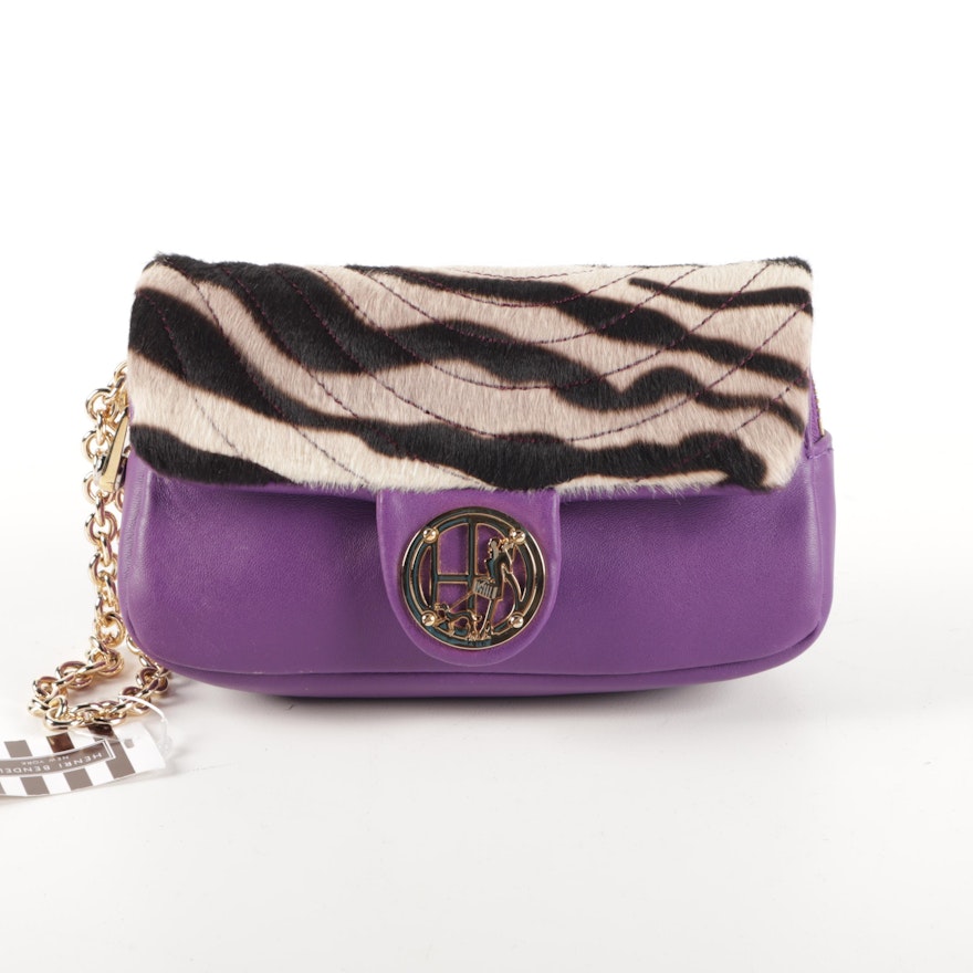 Henri Bendel Purple Leather and Dyed Calf Hair Wristlet Clutch with Chain Strap