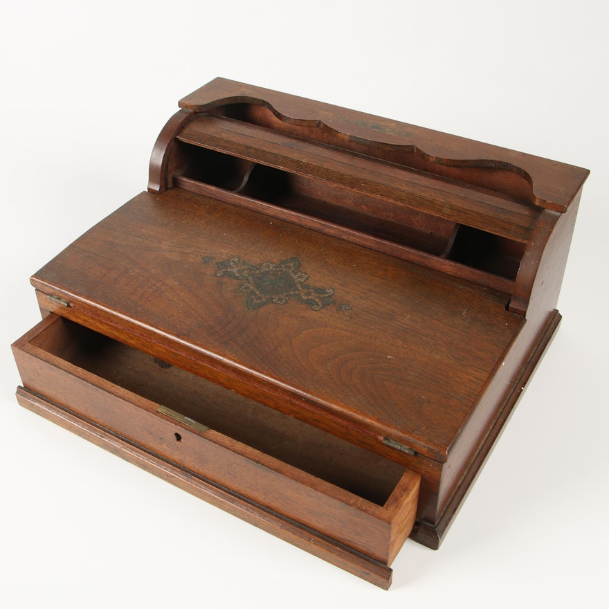Victorian Walnut Roll Top Lapdesk with Transfer Decoration, 19th Century
