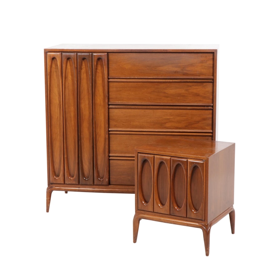 Mid Century Modern Walnut Gentleman's Chest and Nightstand, 1970s