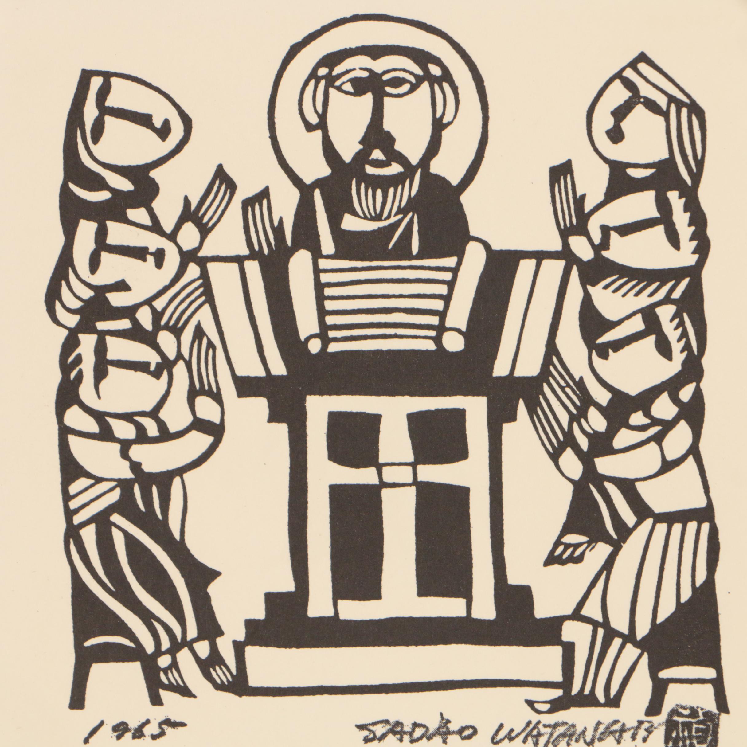 Woodblock Card after Sadao Watanabe of Preaching Figure
