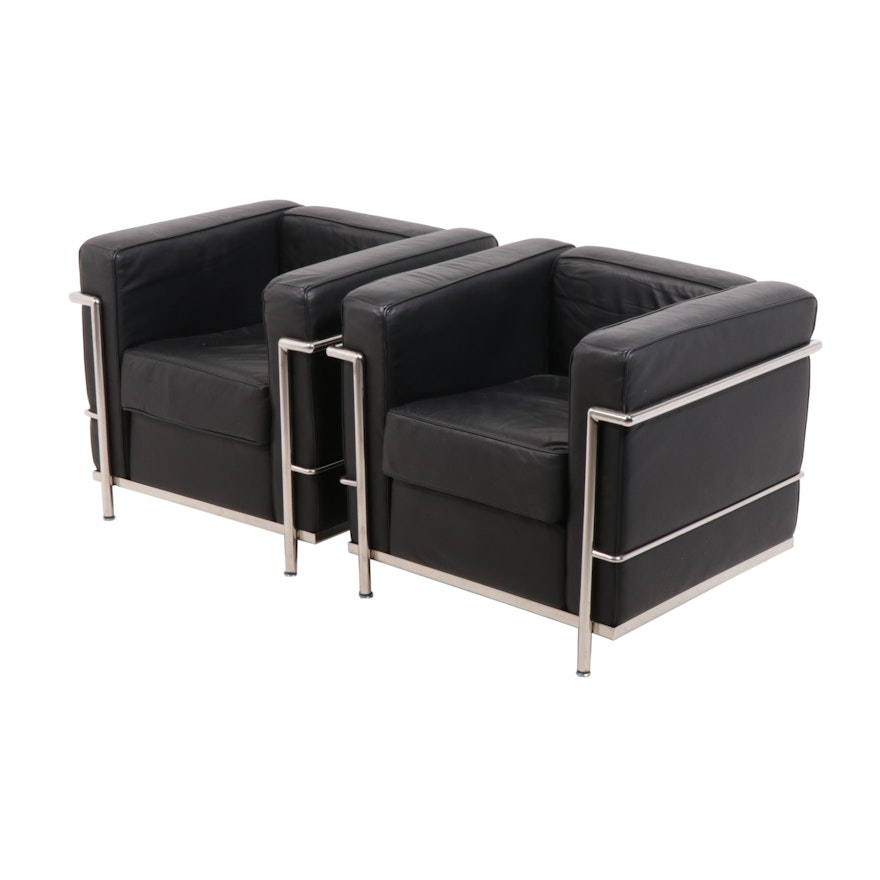 Le Corbusier Style Modern Leather Upholstered Club Chairs