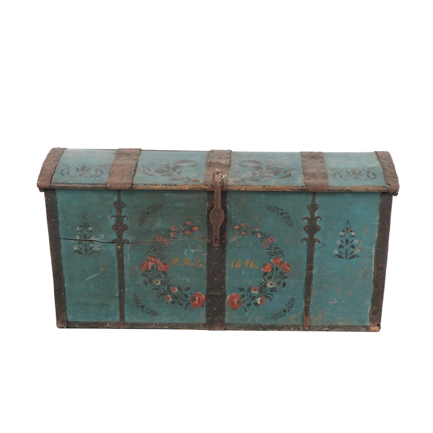 Swedish 1846 Wooden Chest with Floral Designs
