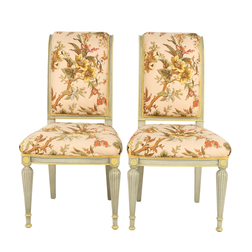 Pair of Contemporary Transitional Painted Wooden Upholstered Floral Side Chairs