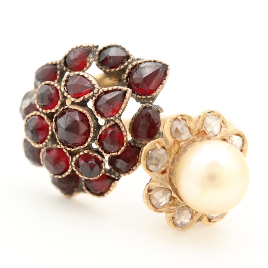 14K Yellow Gold Cultured Pearl, Diamond and Garnet Bypass Ring