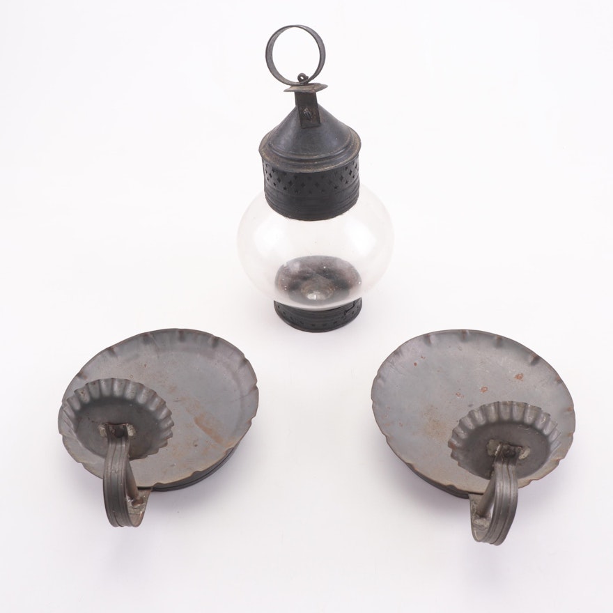 Tin and Cast Metal Sconce Candleholders with Tin Capped Glass Globe Lantern