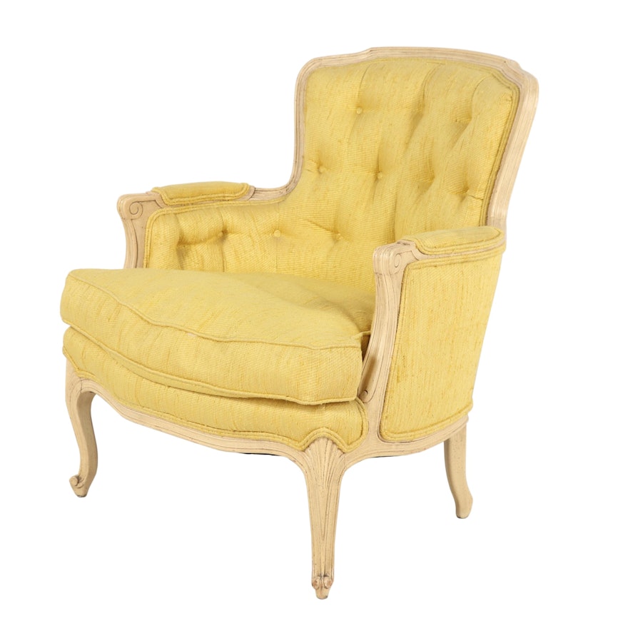 Henredon Louis XV Style Yellow Fabric-Upholstered Ivory-Painted Armchair