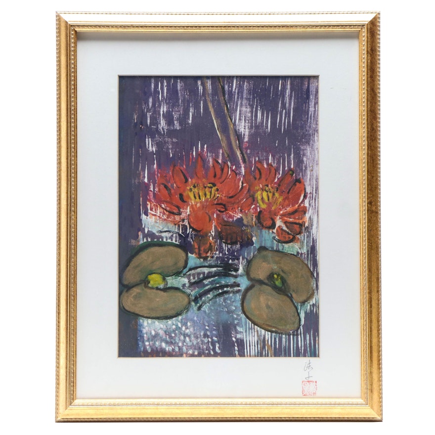 East Asian Relief Print of Red Lotus Blooms
