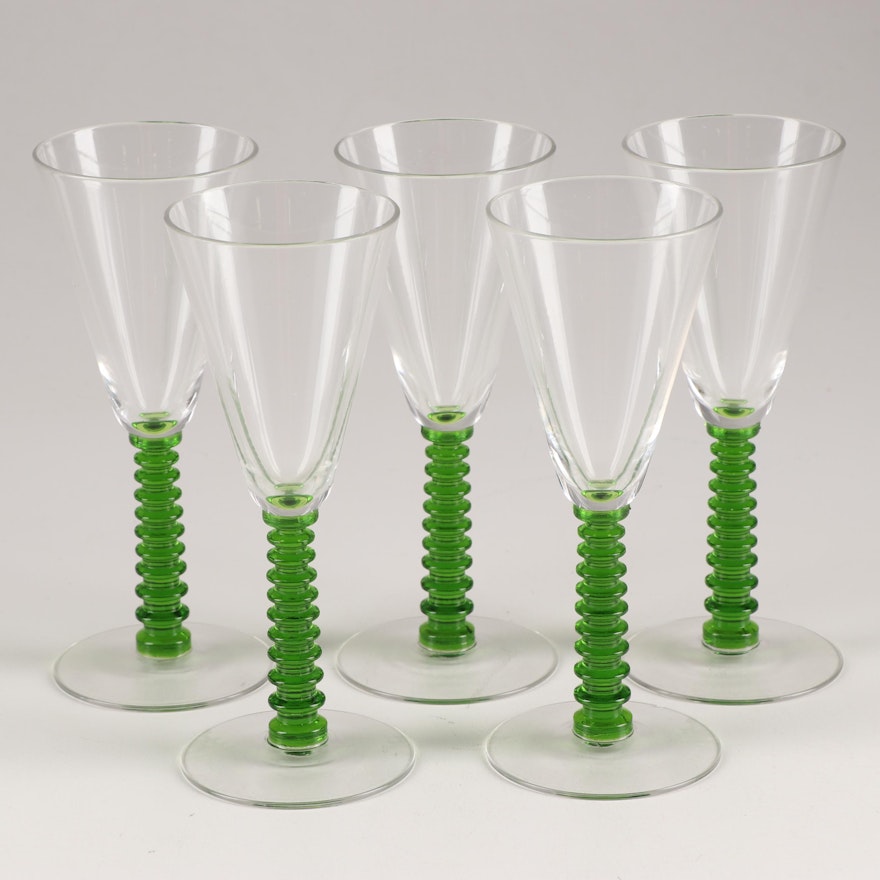 Art Deco Style Wine Glasses with Green Stems,Early to Mid 20th Century