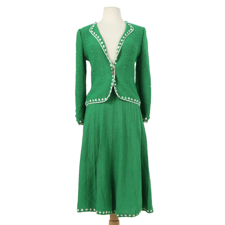 Adolfo New York Knit Skirt Suit in Green with White Trim, 1980s Vintage