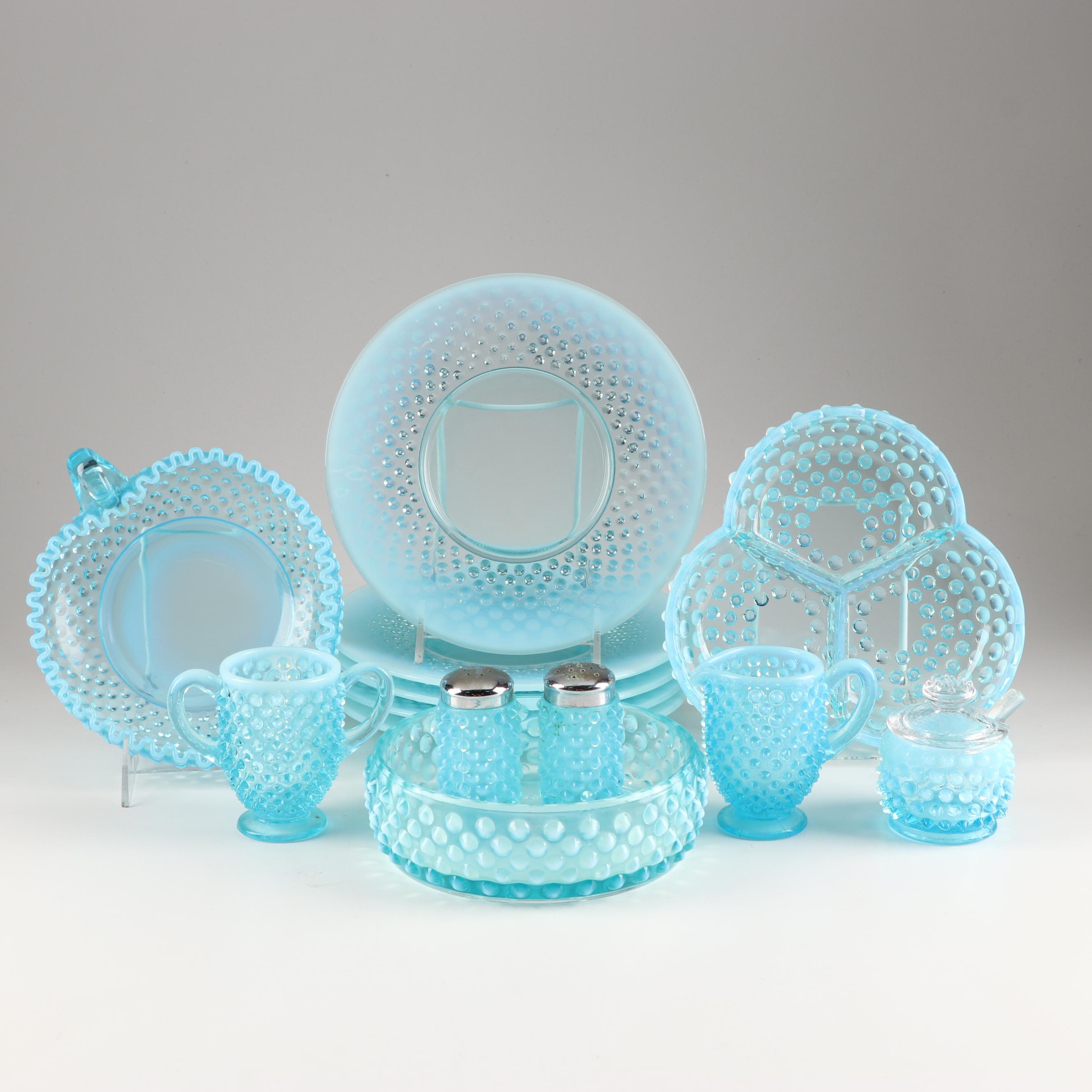 Fenton Glass "Blue Opalescent Hobnail" Salad Plates and Table Serveware,
