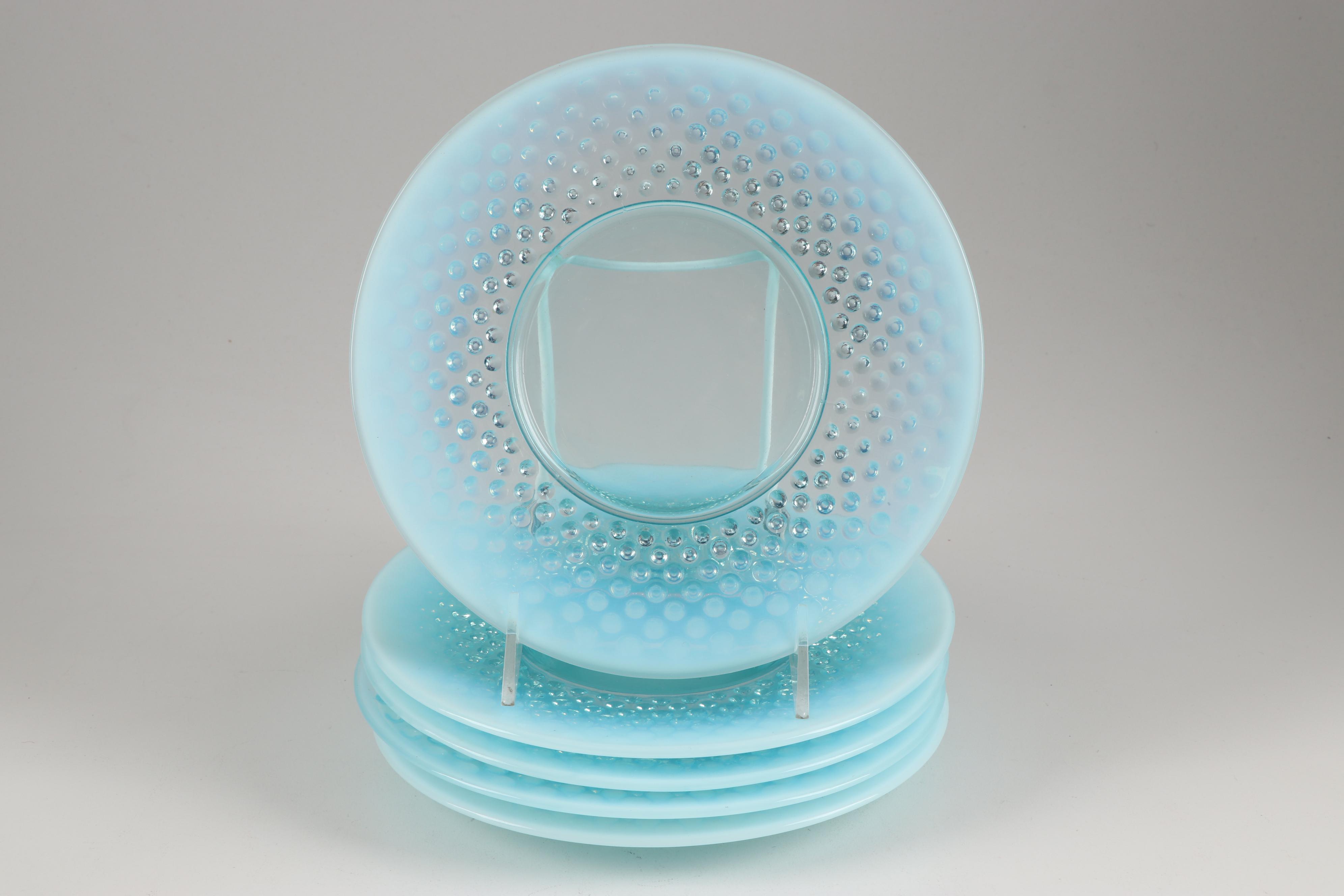 Fenton Glass "Blue Opalescent Hobnail" Salad Plates and Table Serveware,