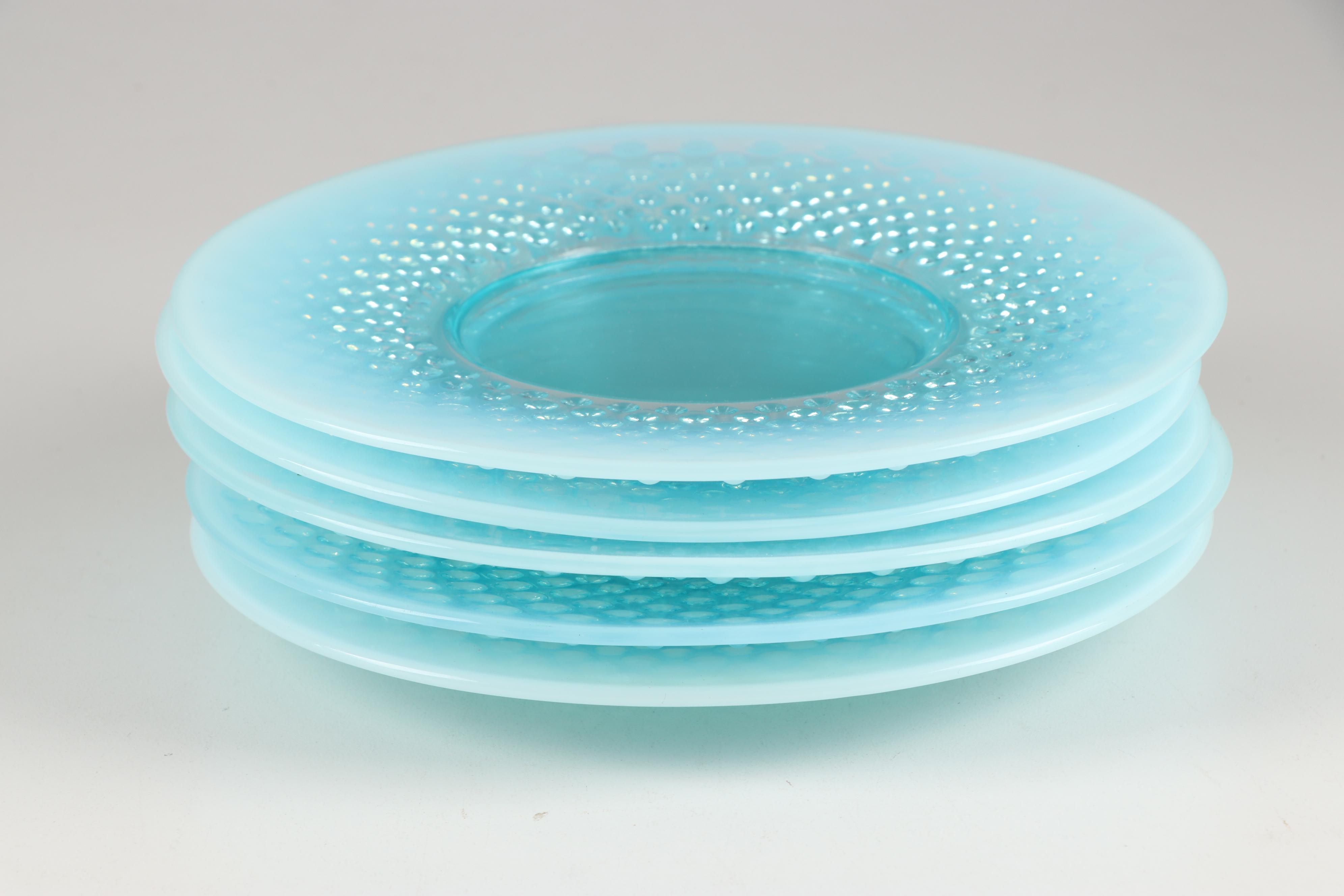 Fenton Glass "Blue Opalescent Hobnail" Salad Plates and Table Serveware,