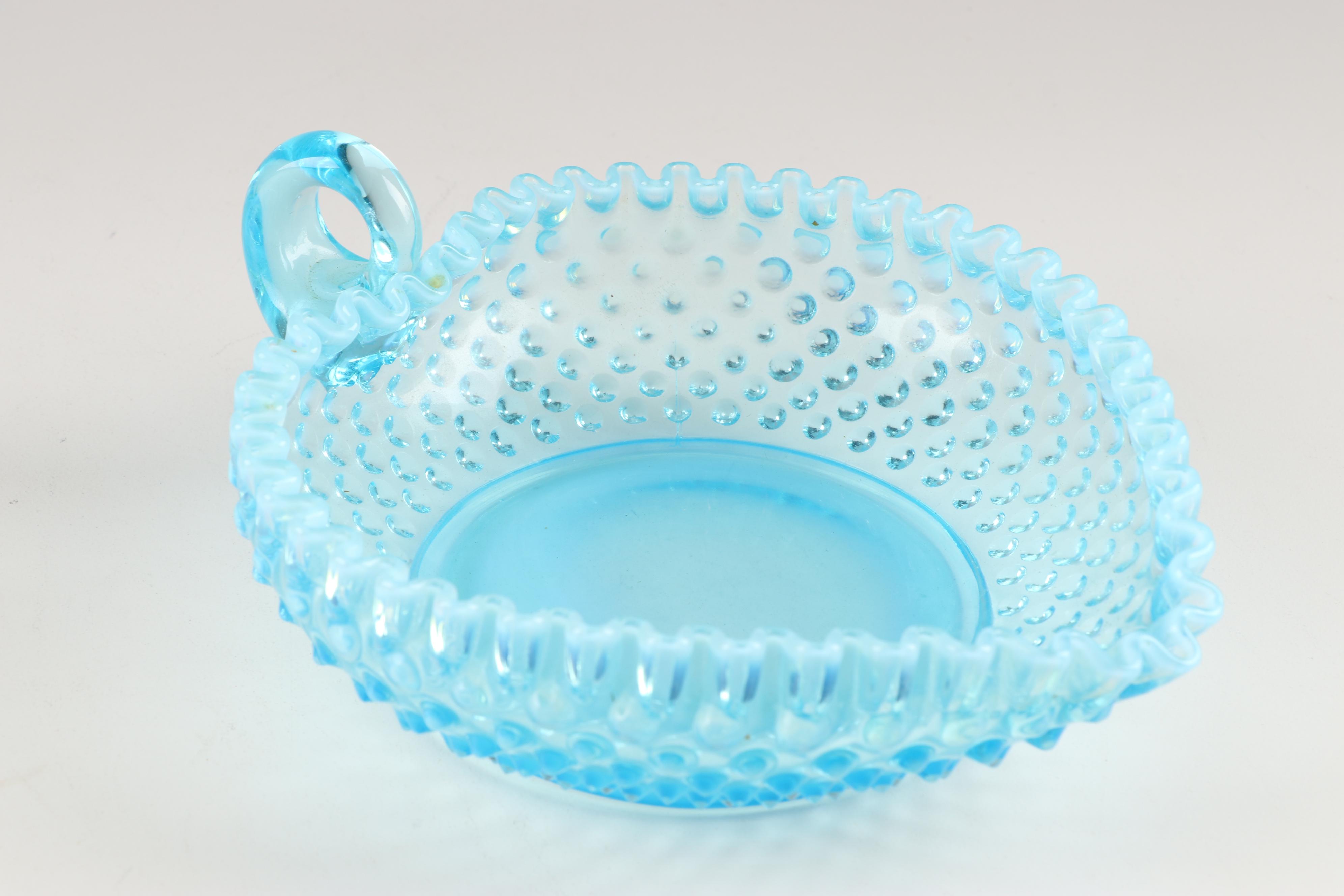Fenton Glass "Blue Opalescent Hobnail" Salad Plates and Table Serveware,
