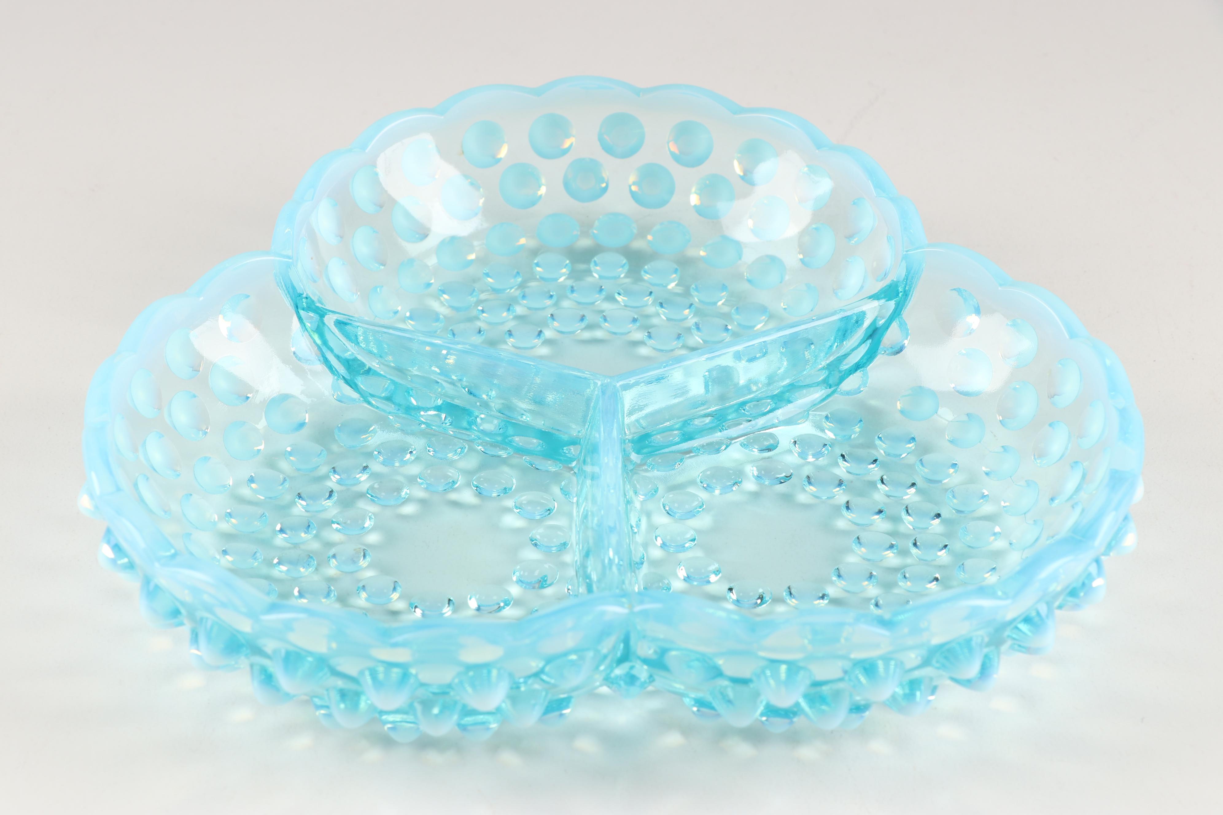 Fenton Glass "Blue Opalescent Hobnail" Salad Plates and Table Serveware,