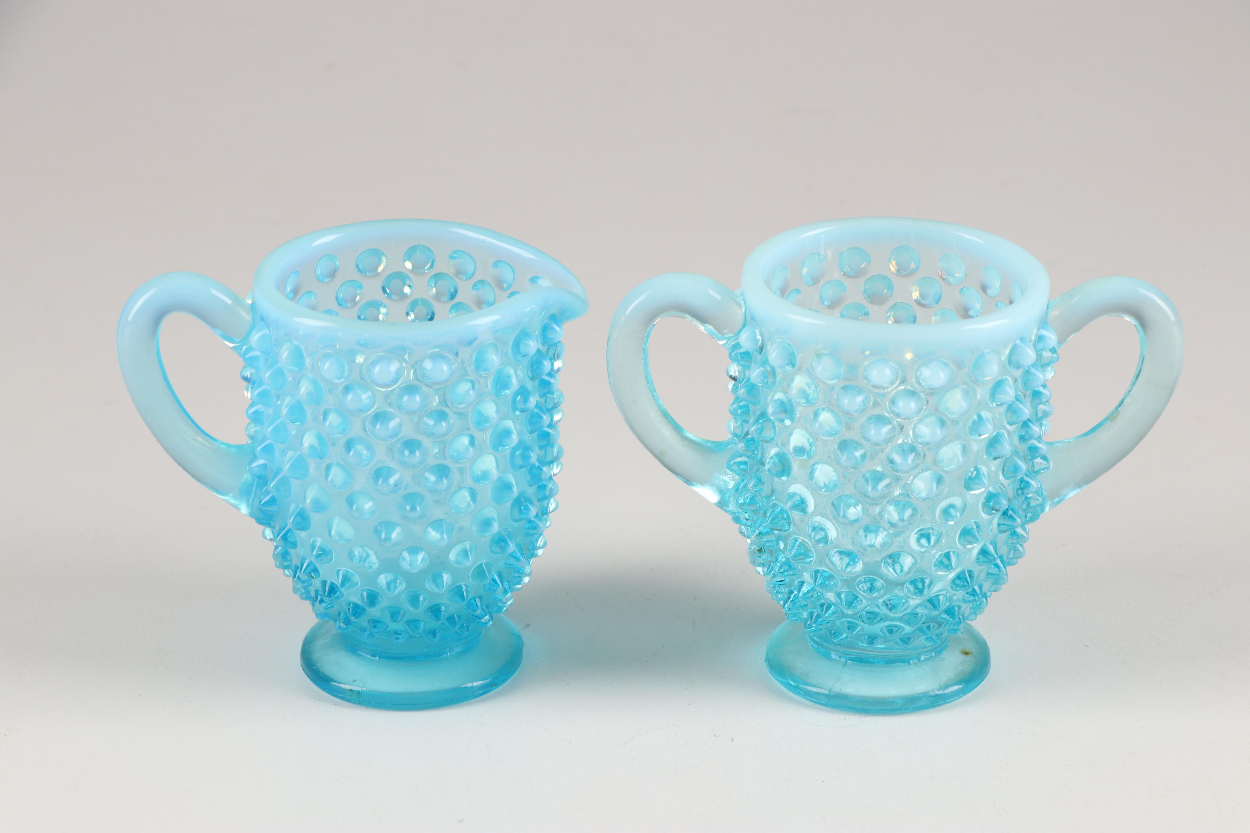 Fenton Glass "Blue Opalescent Hobnail" Salad Plates and Table Serveware,