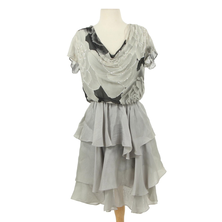 Hanae Mori Beaded Rose Chiffon Draped Cocktail Dress with Tiered Skirt, Vintage