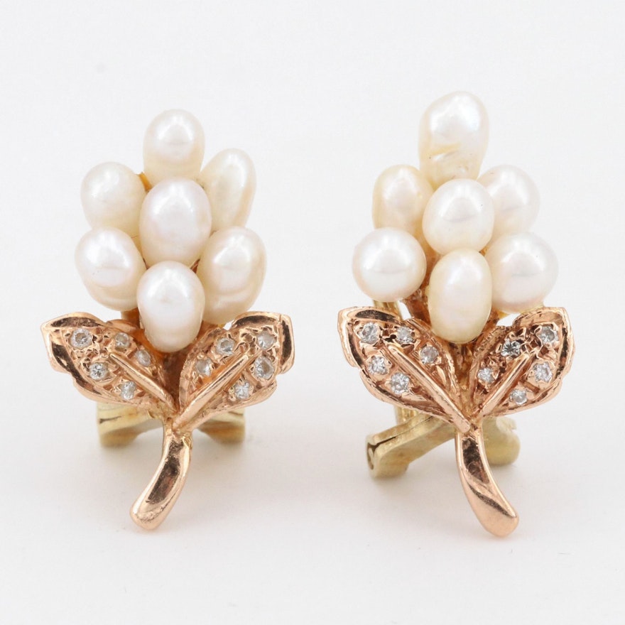 14K Yellow Gold Fresh Water Pearl and Diamond Earrings