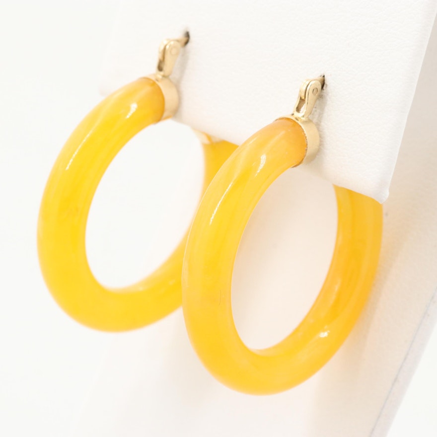 14K Yellow Gold Jadeite Hoop Earrings