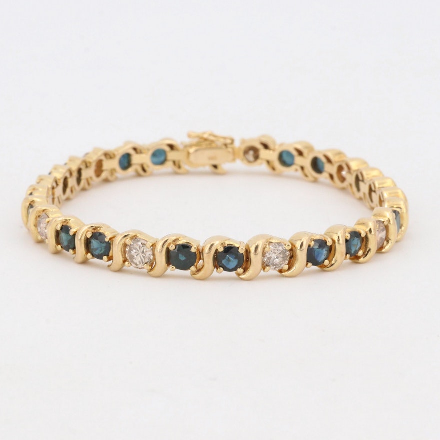 14K Yellow Gold 2.20 CTW Diamond and Sapphire Tennis Bracelet