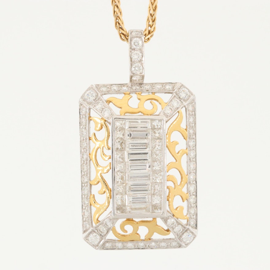 18K White and Yellow Gold 3.49 CTW Diamond Pendant on 14K Gold Chain Necklace