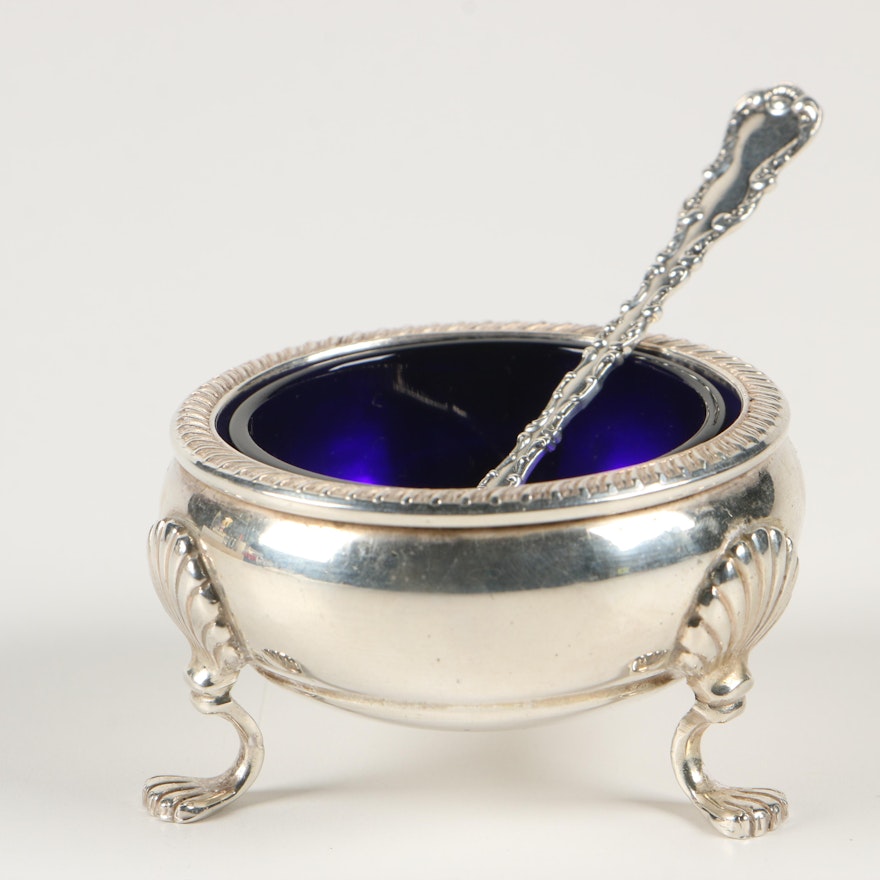 Fisher Sterling Silver and Cobalt Glass Salt Cellar with Spoon
