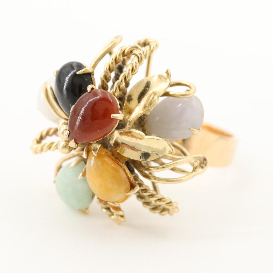 14K Yellow Gold Multi-Colored Jadeite and Black Onyx Ring