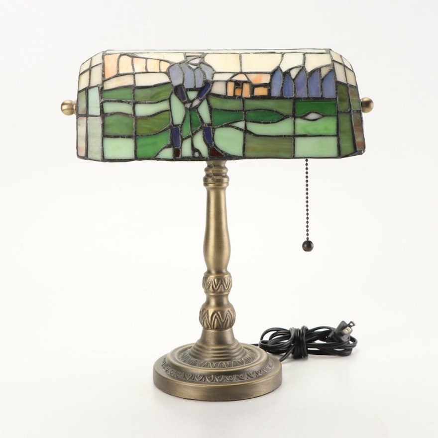 Stained Glass Bankers Lamp with Golfer Motif