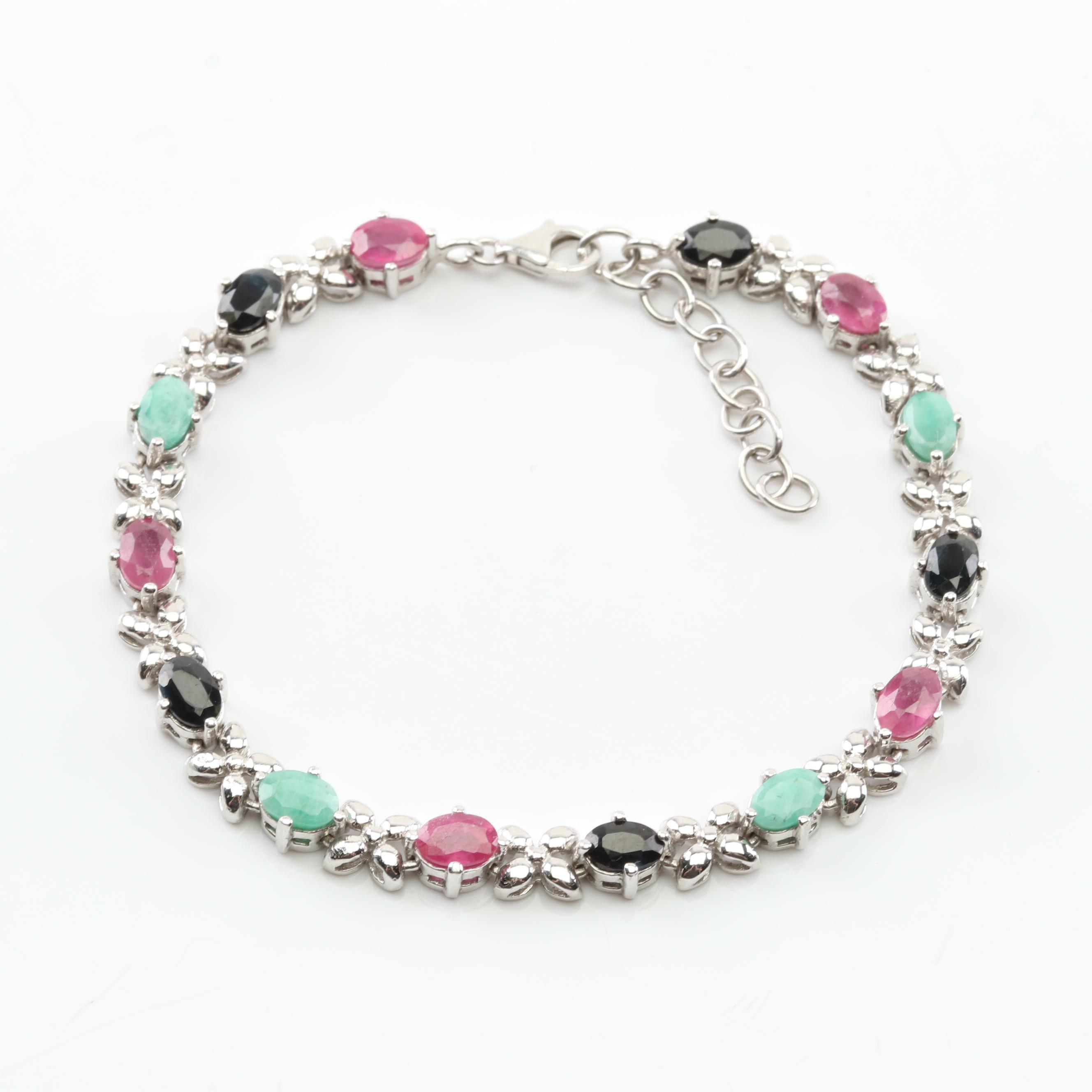 Sterling Silver Ruby, Sapphire, Emerald Flower Station Bracelet