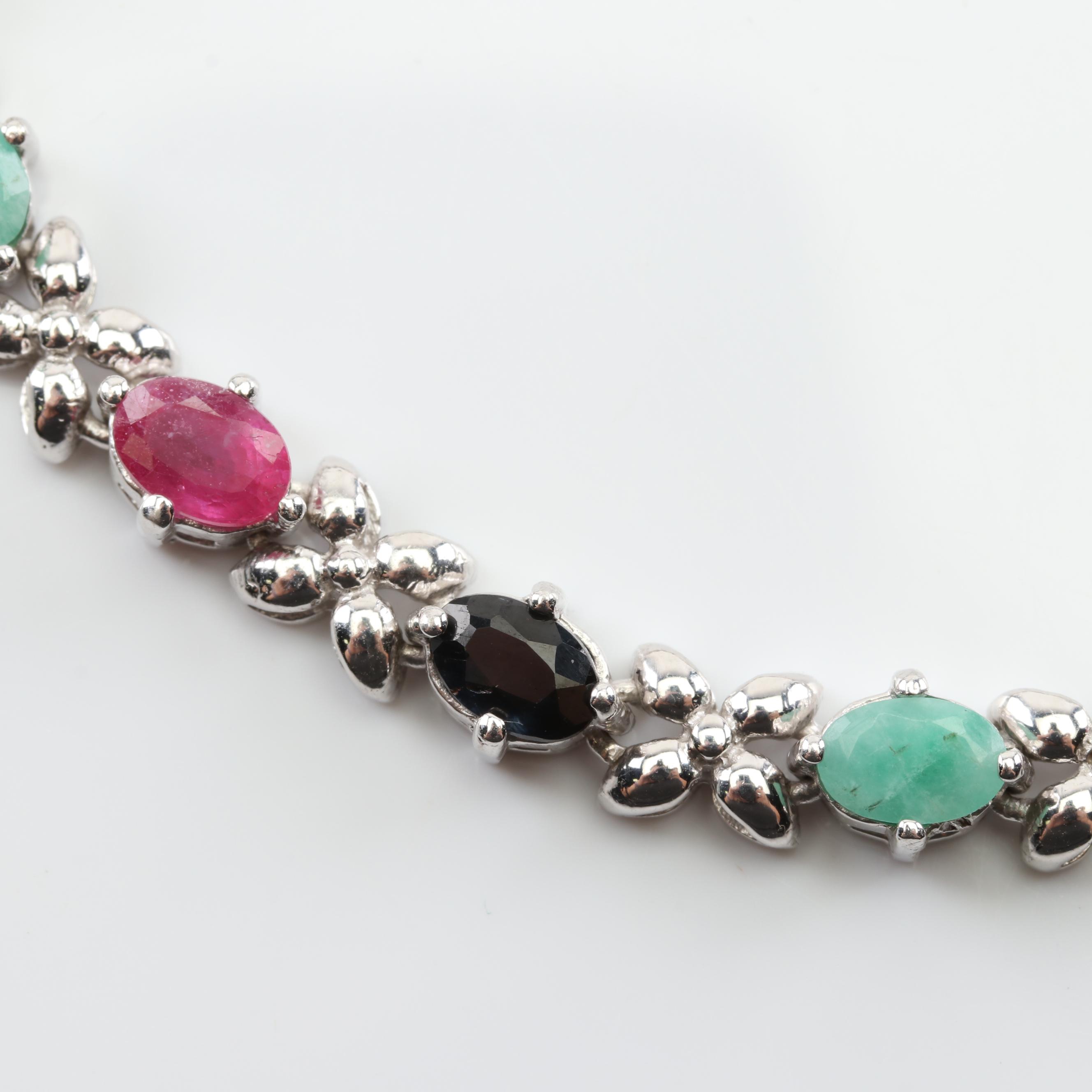 Sterling Silver Ruby, Sapphire, Emerald Flower Station Bracelet